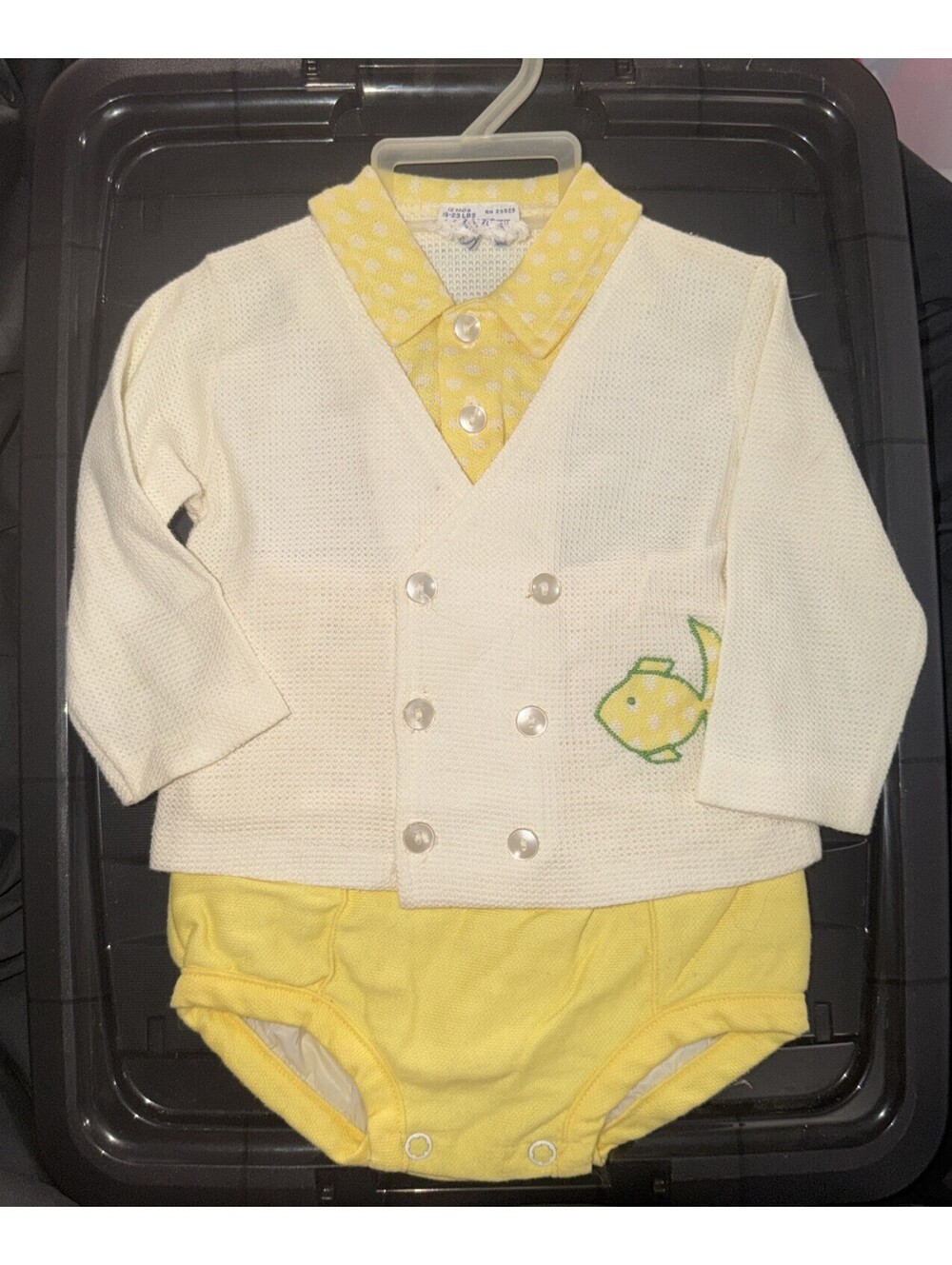 VTG 1970s Doe-Spun Two Piece Baby Boy Shorts Cardigan Yellow Fish Sz 12 Months